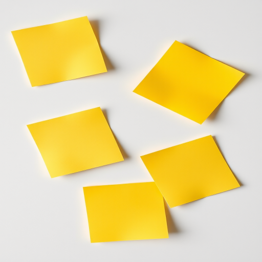 a collection of five yellow sticky notes arranged creatively on a white background, captured with a DSLR camera at f/8 aperture, 50mm lens, ISO 100, viewed from a top-down angle to enhance texture and shadow detail