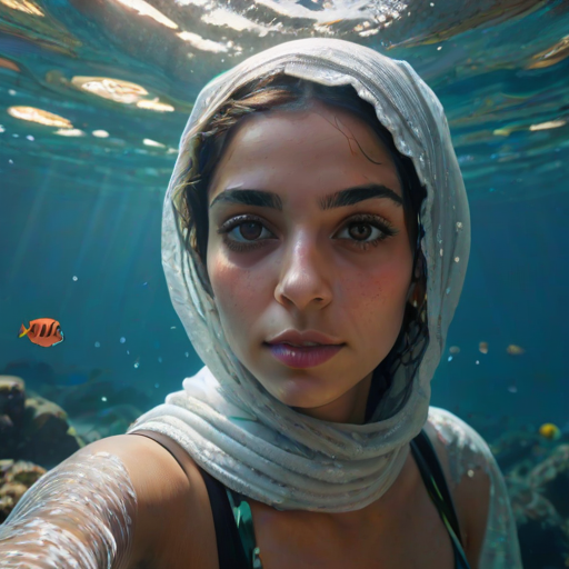 Realistic selfie image of a Coptic, wearing a vintage outfit, detailed dreamy eyes, droopy hooded eyes, staring at the camera, taken underwater at coral reef with a sunbeam filtering through the water, vibrant, summer vacation, natural lighting, turtle and school of tropical fish with vibrant colors, rendered in the style of CryEngine, Pegi Nicol MacLeod, with realistic genre scenes, hauntingly beautiful narratives, ultra-realism, and Thomas Saliot's close-up technique, 8K resolution, crystal clear and sparkling water.