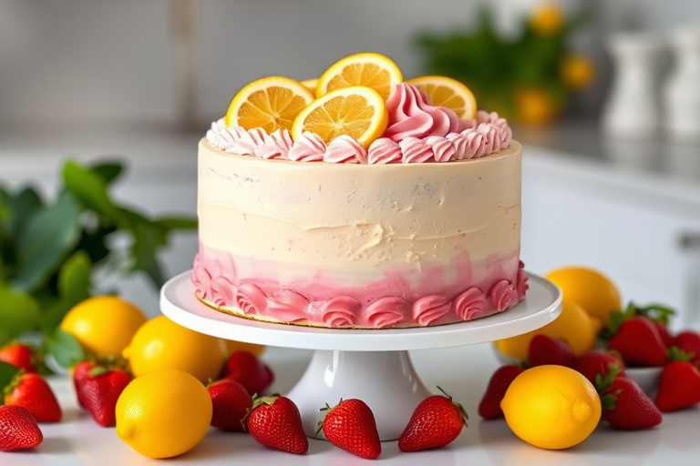 A beautifully decorated cake with pink and yellow frosting topped with lemon slices and swirls, placed on a white cake stand surrounded by fresh strawberries and lemons, set against a light kitchen background with greenery.