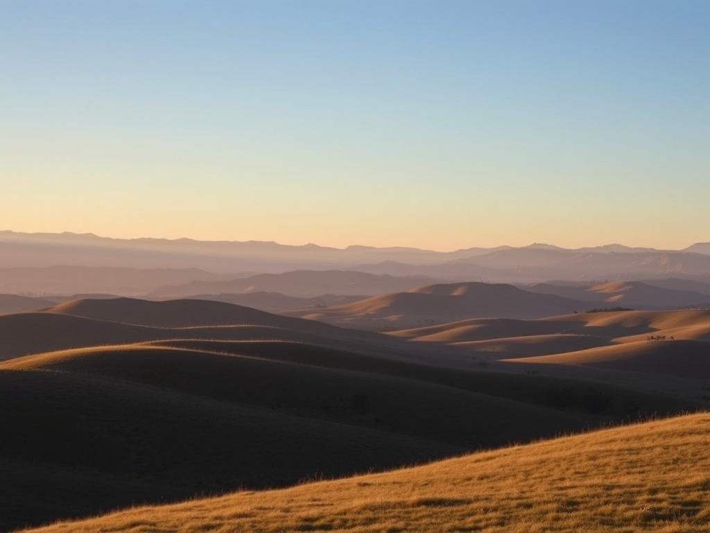 Create a high-resolution image of a serene landscape featuring rolling hills and a clear blue sky during golden hour, captured with a DSLR camera, 50mm lens, f/1.8 aperture, ISO 200, 1/125 shutter speed, and a wide-angle view to enhance depth.