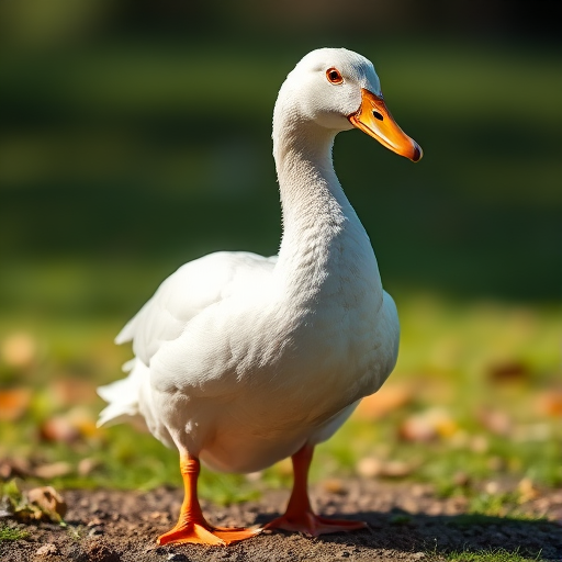 Create a high-resolution illustration of a standing white duck with intricate detailing, shot with a Canon EOS 5D Mark IV at f/4, ISO 100, 1/125s, in natural light from a low angle, using a soft focus style to emphasize the duck's features.