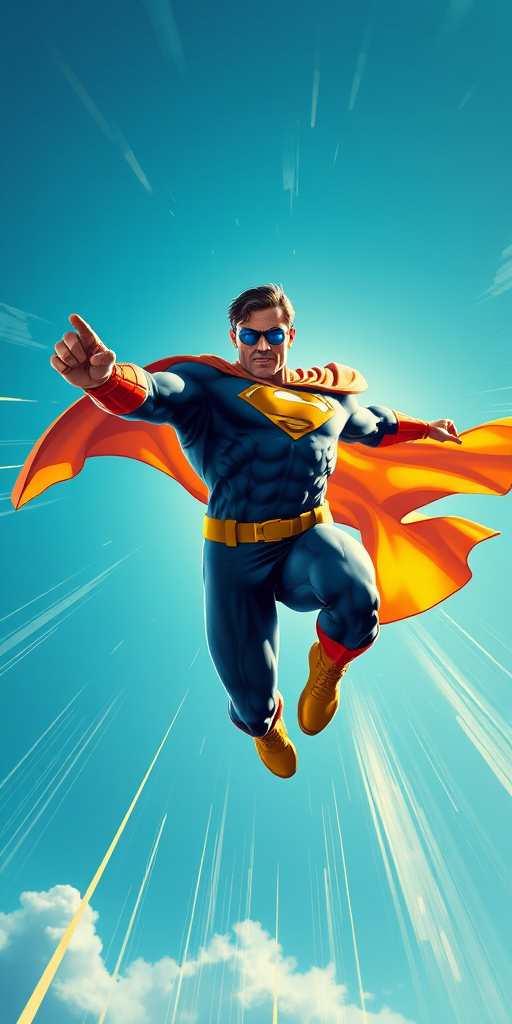create a vibrant illustration of a superhero figure in a dynamic flying pose, using high saturation colors, shot from a low angle with a 24mm lens at f/8, capturing bright highlights and deep shadows, digital art style
