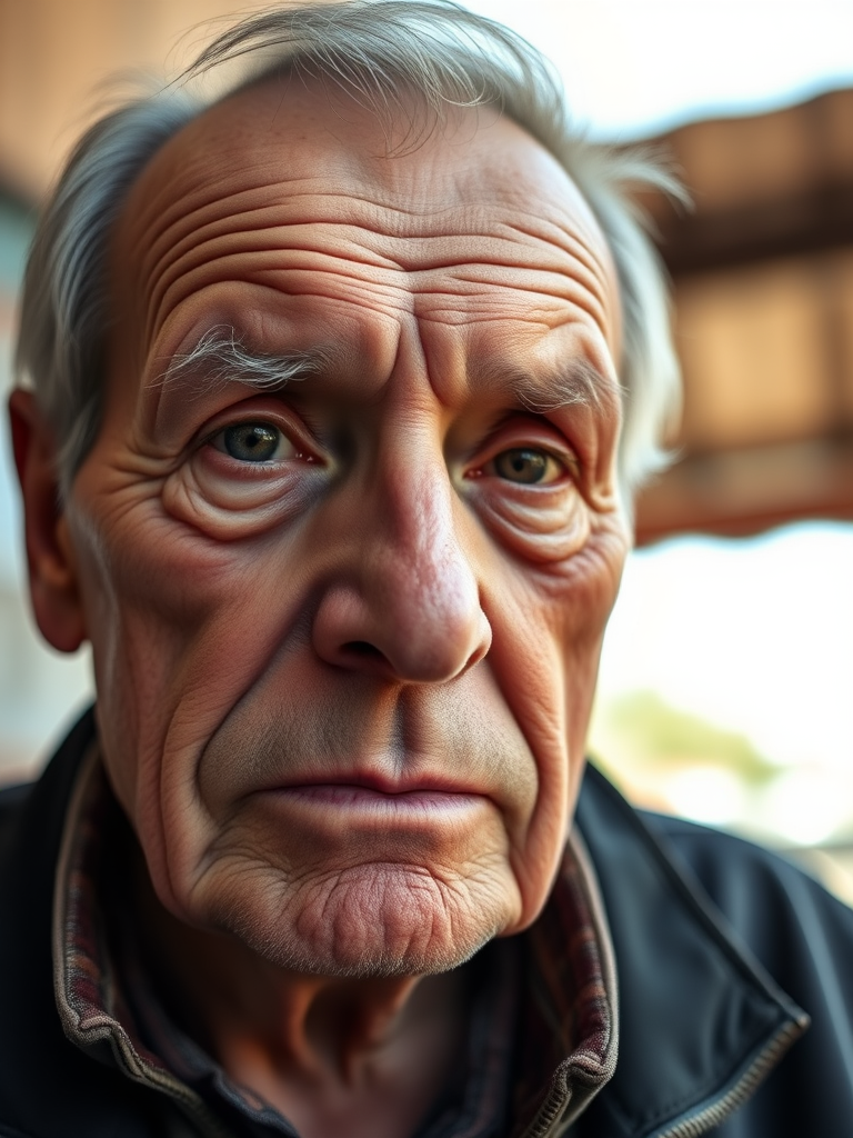 Portrait of an elderly man with deep wrinkles, soft natural light, blurred background, 50mm lens, f/1.8 aperture, ISO 200, shot from a low angle to emphasize facial features, using a DSLR camera.