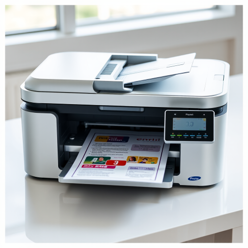 Create a high-resolution image of a modern printer with a sleek design, printing a colorful document, soft natural lighting, taken with a DSLR camera at 50mm focal length, aperture f/2.8, ISO 100, and a slight overhead angle to enhance depth and detail.