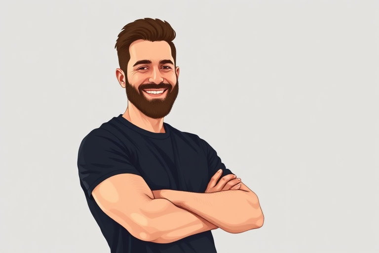 Create an illustration of a smiling man with a beard wearing a black shirt, arms crossed, with a clean vector art style, bright colors, and high contrast, captured with a Canon EOS R5, using a 50mm lens at f/1.8, shot from eye level, with a soft focus background.