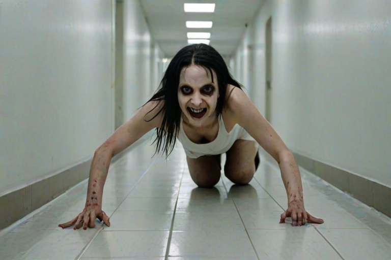 a crooked female with long arms and a creepy smile is crawling along a long white corridor and you can also see cockroaches in it there is a creepy atmosphere creepy art style