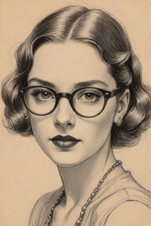 Delightful Kendall Vertes, pencil sketch, portrait of Magnificent woman 1920s in glasses, hair style beatnik, outline, clear lines, fine lines, 8k