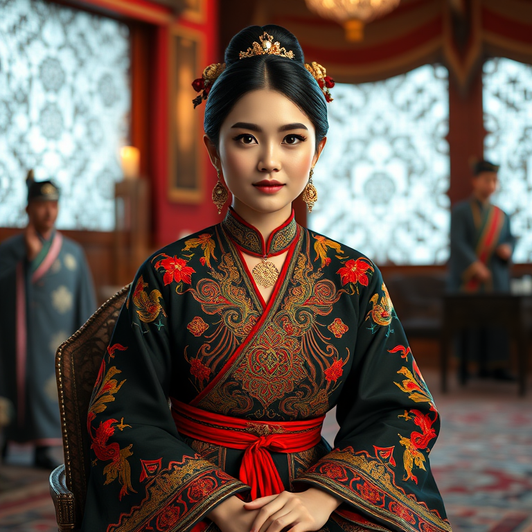 A beautiful Turkmen woman in traditional East Asian attire, intricately detailed with embroidered patterns, sitting gracefully in a richly decorated room, soft ambient lighting, serene and elegant, ultra-realistic, 8K resolution