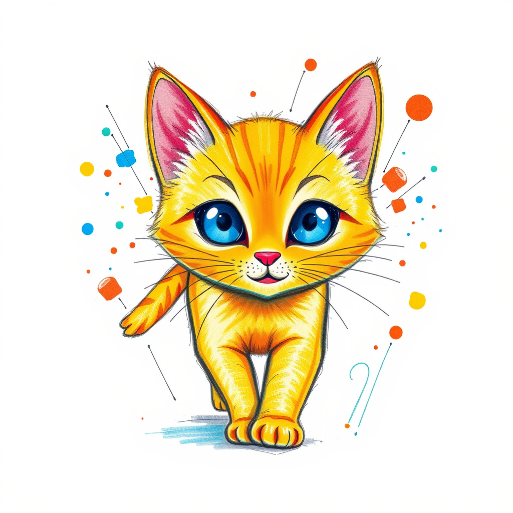 A vibrant childs coloured pencil drawn illustration of a bright orange cat with large, expressive blue eyes, a very cute style. The cat appears to be walking towards the viewer, surrounded by an abstract splash of colors and fine black lines, giving the image a dynamic and artistic flair. The background is a soft beige, highlighting the cat's vivid coloration and playful demeanor. Naively drawn scratchy line style.