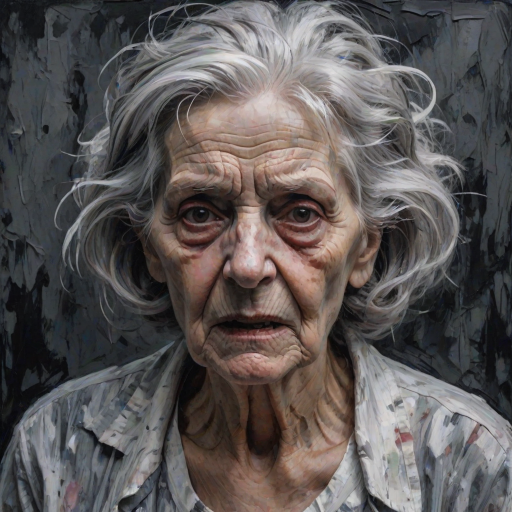 Final exit party. Dark Moody impasto dark picture edges. old woman. grey untidy hair streaked with white and pastel muted colours. include whole head and neck and shoulders. death lurks in the background.