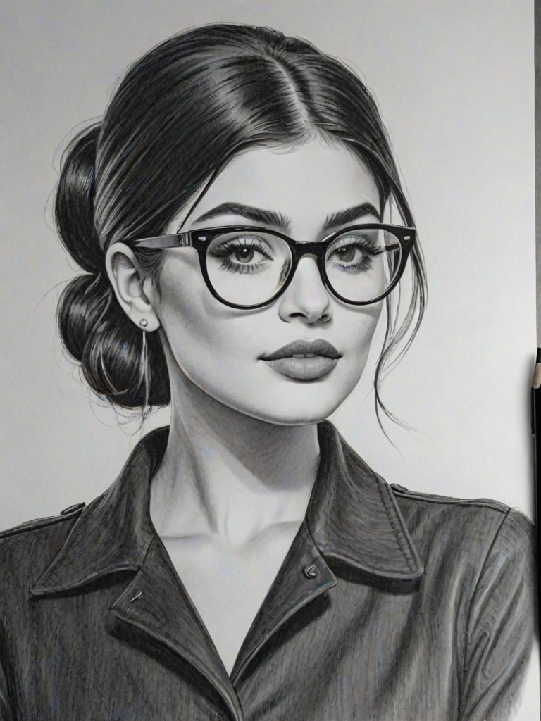Bewitching Kylie Jenner, pencil sketch, portrait of Dazzling woman 1950s in glasses, hair style beatnik, outline, clear lines, fine lines, 8k