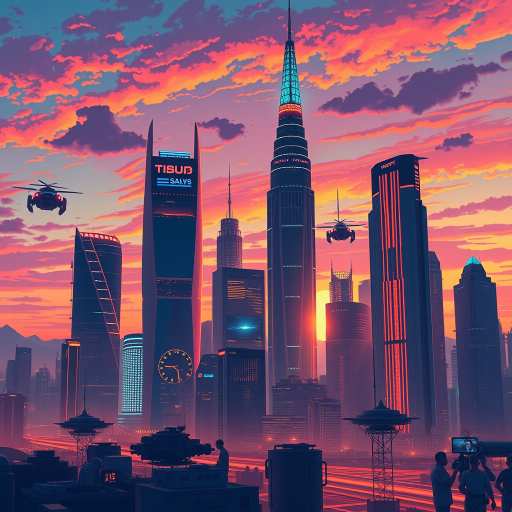 Create a vibrant illustration of a futuristic city skyline at sunset, capturing towering skyscrapers with glowing lights and flying vehicles, using a DSLR camera with a 24mm lens, aperture set to f/8 for depth of field, and a low ISO of 100 to ensure clarity and sharpness.