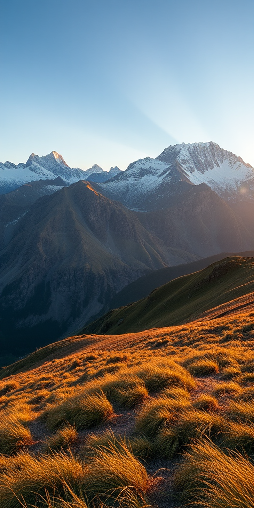Regenerate a high-resolution image of a mountainous landscape during golden hour, with grassy hills in the foreground and snow-capped peaks in the background; settings: ISO 100, f/11, 1/125s, 24mm lens; view: wide-angle; style: landscape photography; type: DSLR camera.