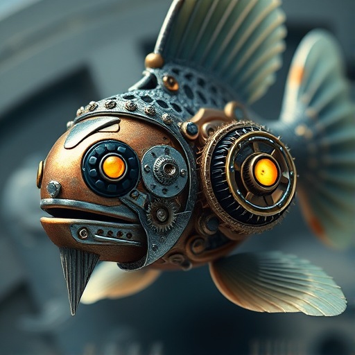 Create a highly detailed illustration of a mechanical fish with intricate gears and metallic textures, showcasing a blend of organic and steampunk elements, large fins and glowing eyes, captured in close-up with a macro lens at f/2.8, 1/125 shutter speed, ISO 100, in natural light for enhanced clarity and depth.