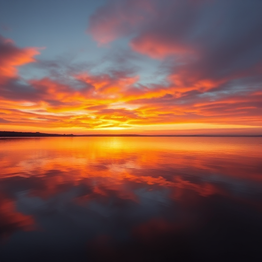 Generate a high-resolution image of a sunset over a serene lake reflecting vibrant colors in the sky, taken with a DSLR camera at f/8, ISO 100, and a shutter speed of 1/200 sec, in a wide-angle view with a soft focus effect.