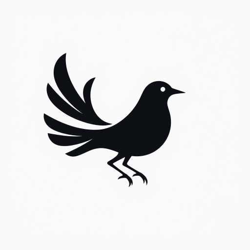 Generate a high-resolution image of a minimalist design featuring a stylized black bird on a white background, captured with a Canon EOS R5, 50mm lens, aperture f/1.8, shutter speed 1/200s, ISO 100, taken from a top-down camera view with natural lighting.