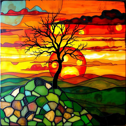 A vibrant abstract painting on Tiffany Glass, blending acrylic and alcohol ink techniques, captures a dramatic sunset over rolling hills. The artwork features a textured, rocky foreground in green and brown, layered abstract hills, and a striking sunset in rich oranges, yellows, and reds. A solitary black tree with intricate branches contrasts against the fiery sky, creating a dynamic and expressive portrayal of a breathtaking natural scene.
