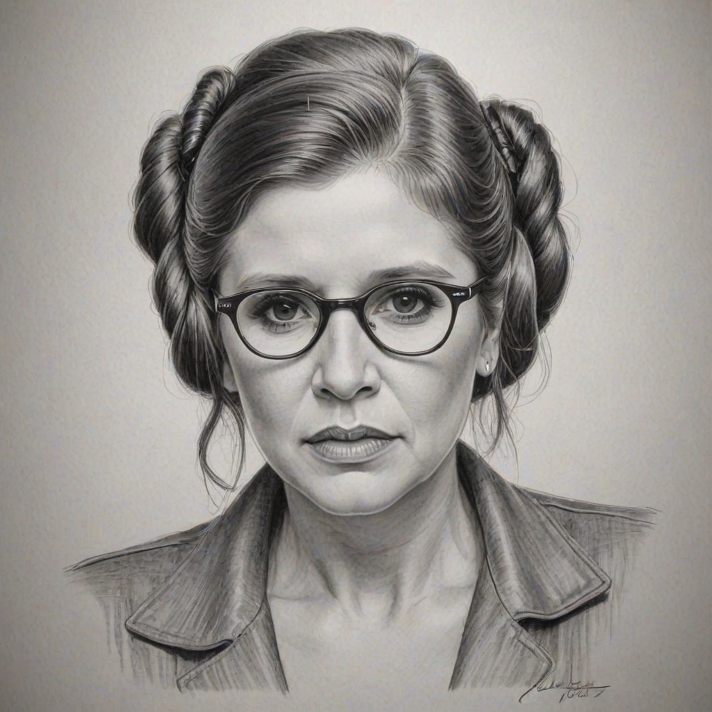 Comely Carrie Fisher, pencil sketch, portrait of Resplendent woman 1939s in glasses, hair style beatnik, outline, clear lines, fine lines, 8k