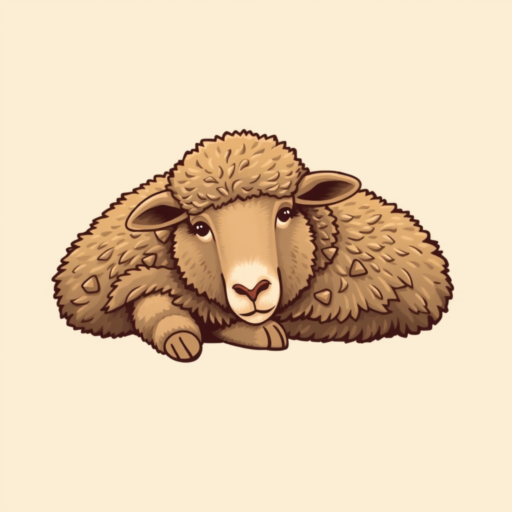 Generate an image of a relaxed sheep with a thick, fluffy brown coat, lying down against a neutral background. The sheep should have a calm expression, with its ears perked up slightly, capturing a peaceful and cozy atmosphere.