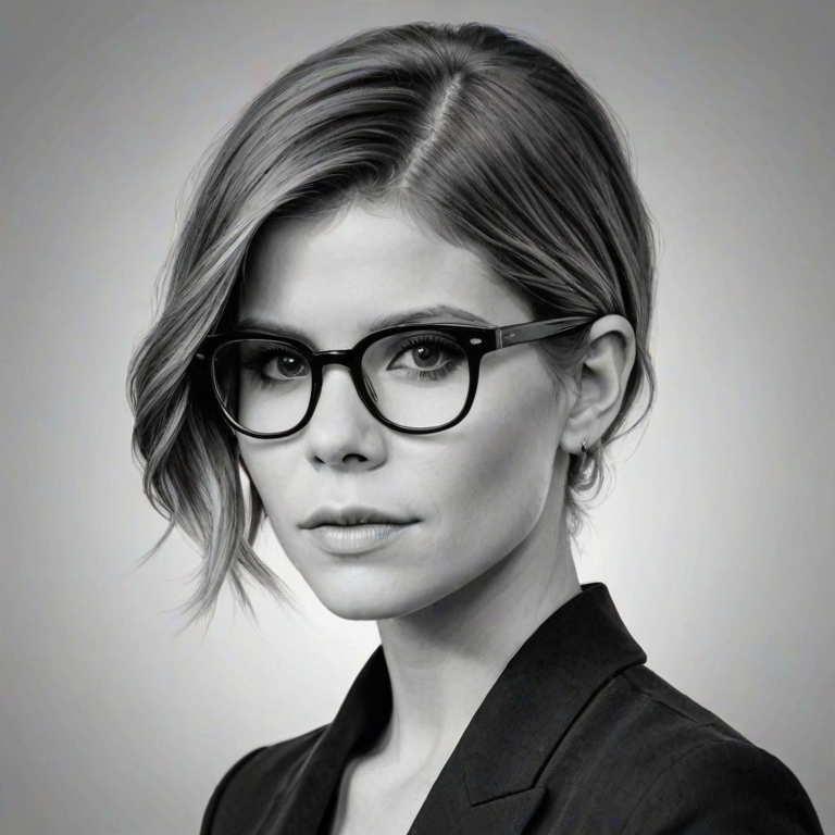 Beauteous Kate Mara, pencil sketch, portrait of Enticing woman 1921s in glasses, hair style beatnik, outline, clear lines, fine lines, 8k