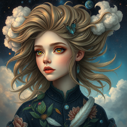Create a series of imaginative portraits where each subject is infused with elements of fantasy and nature. The hair of the individuals should flow like clouds, varying from soft, fluffy cumulus to wispy cirrus strands, with hints of color reflecting a sunset or a clear blue sky. The eyes should be windows to entire galaxies, with stars, nebulae, and distant planets visible within them. Clothing should be adorned with nature motifs, such as floral patterns that bloom and change, vines that seem to grow and wrap around, or feathers that shimmer with iridescence. Each portrait should capture a unique personality, blending human features with the ethereal beauty of the natural and cosmic world. The backgrounds can vary, from starry night skies to enchanted forests, adding depth and context to the magical realism of the portraits