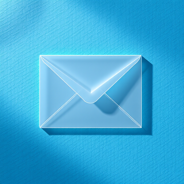 Create a 3D transparent envelope on a blue textured background with soft shadows, using a DSLR camera with a 50mm lens, aperture set to f/2.8, ISO 100, and exposure time of 1/125 seconds, in a studio lighting setup.