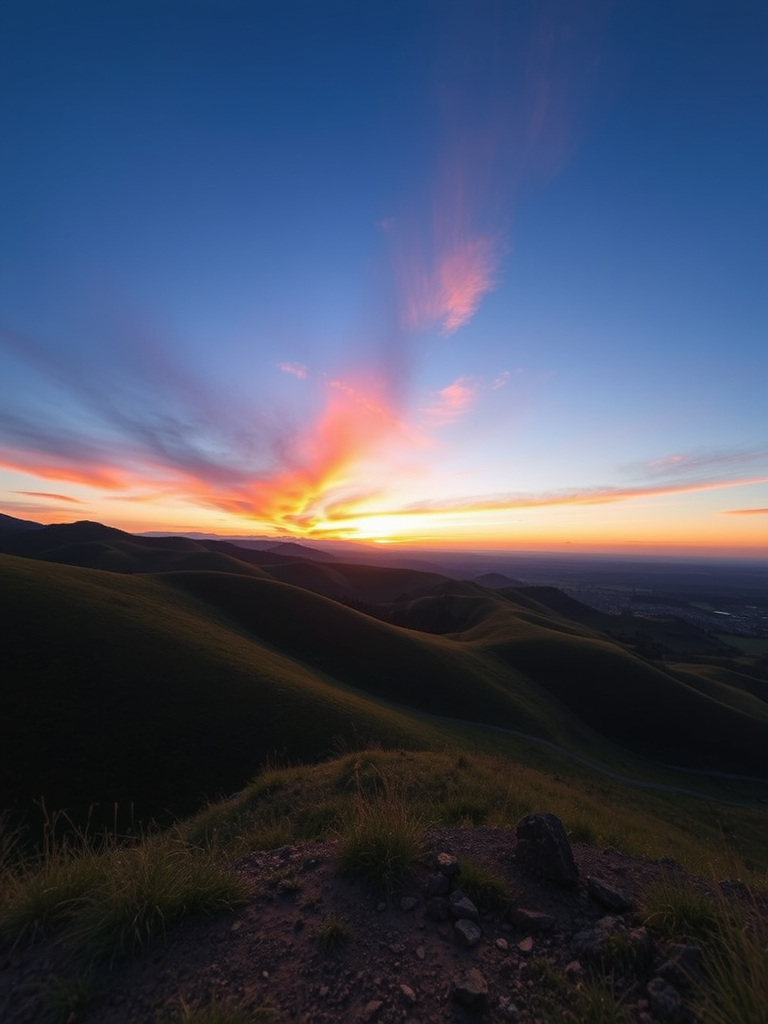Create a high-resolution image of a serene landscape featuring rolling hills and a vibrant sunset, captured with a Canon EOS R5 at f/8, ISO 100, 1/200s, with a wide-angle lens from a low angle view to enhance depth and detail.