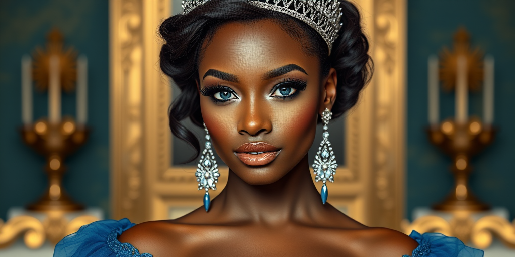 A gorgeous Zambo woman in a luxurious blue gown, accessorized with a dazzling tiara and statement earrings, her deep blue eyes highlighted by impeccable makeup, poised in a royal setting, photorealistic, 8K quality