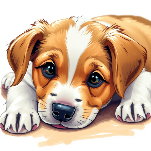 Create a high-resolution digital illustration of a puppy lying down with a playful expression, using a soft focus to enhance the details, set the camera view to a top-down angle, use a DSLR camera with an aperture of f/2.8 for depth of field, and apply a vibrant color palette for a lively look.
