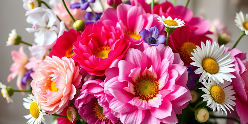 regenerate an illustration of a bouquet featuring delphiniums, peonies, ranunculus, and daisies with vivid colors and intricate details, shot with a Nikon D850, 100mm macro lens, f/2.8 aperture, natural lighting, and a shallow depth of field to enhance background blur while maintaining focus on the flowers.
