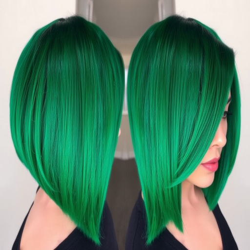 Bold emerald green bob cut dubbed "Jade Empress" featuring blunt ends, sleek straight texture, deep side part with long side-swept bangs, vibrant teal undertones peeking through, high-shine finish for a polished look