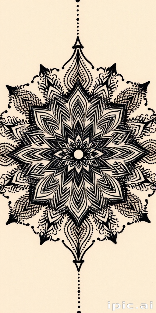 Dotwork mandala tattoo named "Cosmic Convergence" featuring intricate geometric patterns radiating from a central point, with gradual transitions from fine dots to solid blackwork