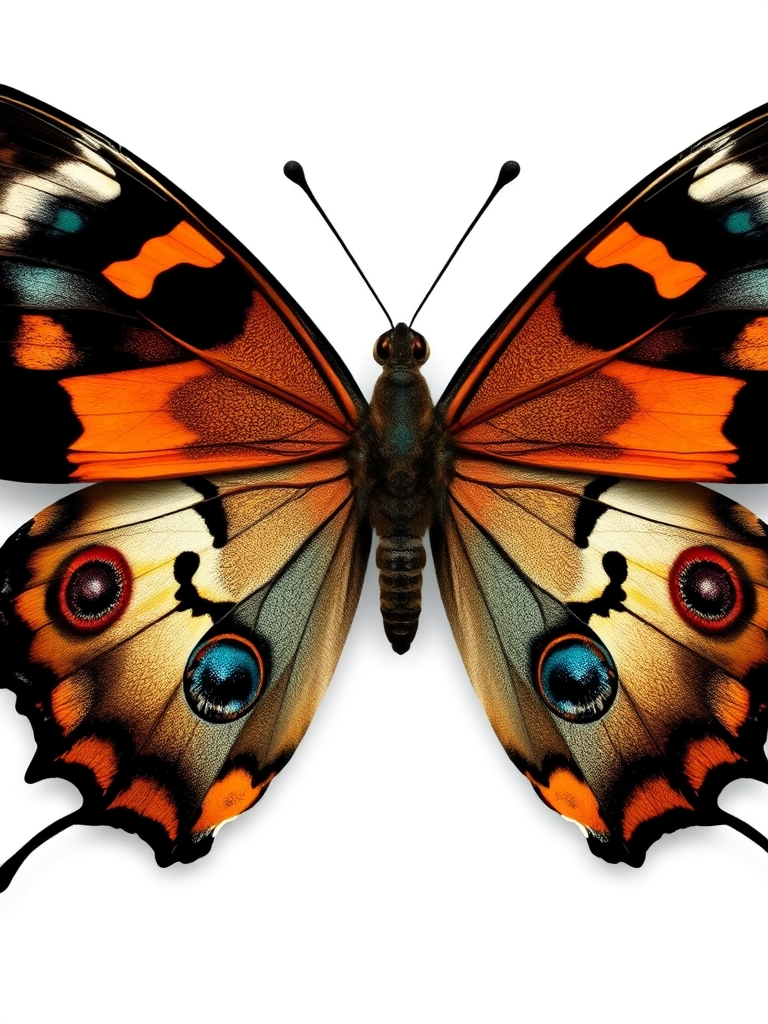 Generate an image of a butterfly with intricate patterns on its wings. The wings should feature a mix of colors including black, orange, white, and teal, with distinct eye spots and detailed textures. The background should be neutral to highlight the butterfly's vibrant colors.