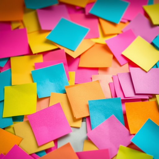 Create a vibrant close-up image of colorful sticky notes in a random arrangement, using a Canon EOS R5 with a 50mm lens, f/2.8 aperture, 1/100 sec shutter speed, ISO 200 for sharp detail and rich colors.