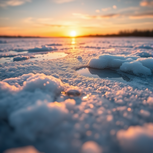 capture a frozen lake with snow and bubbles on the surface during golden hour, use a DSLR camera with a 35mm lens, aperture f/8, ISO 200, shutter speed 1/125s, focus on the textures of the ice and snow, shot from a low angle to emphasize depth and detail