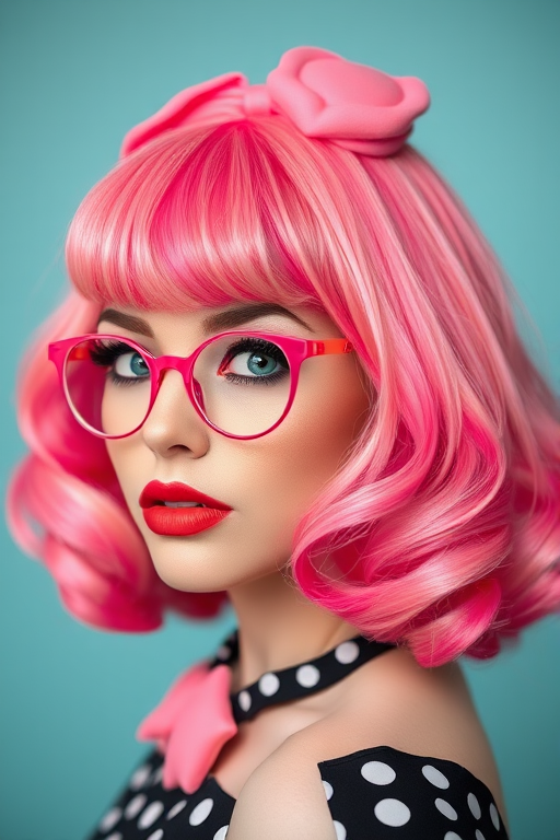 Whimsical close-up reveals Bubblegum Pop bob, vibrant hot pink hair with lighter pastel pink highlights, styled in voluminous retro-inspired curls with candy-shaped accessories