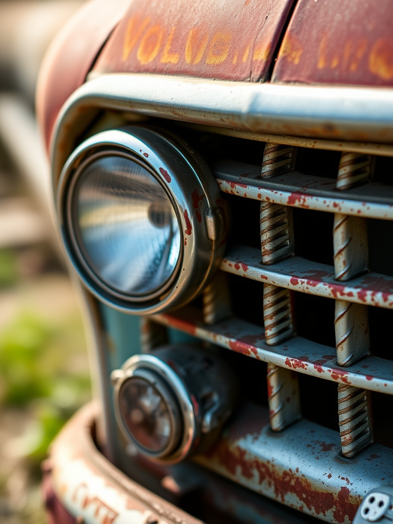 Close-up shot of a vintage rusty car grille with worn headlights, natural lighting, aperture f/2.8, ISO 100, shutter speed 1/200 sec, taken with a DSLR camera, shallow depth of field for a blurred background.