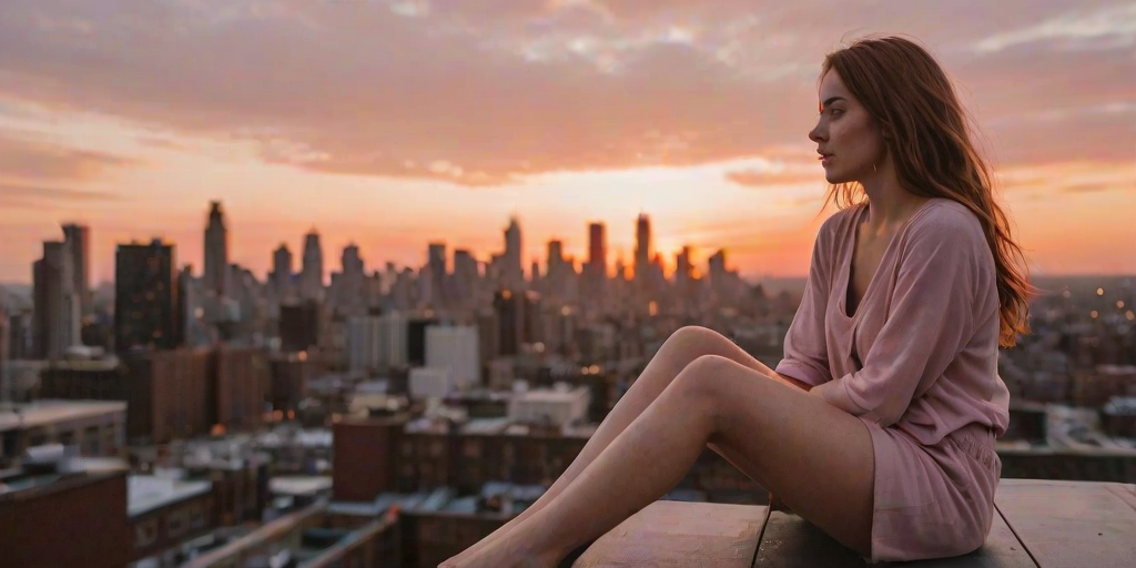 Softly focused photo of a young woman sitting on a rooftop at sunset, overlooking a bustling city skyline, with a soft glow of orange and pink hues in the sky.