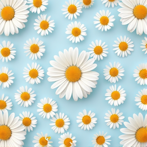 create a repeating pattern of white daisies on a soft blue background, using a DSLR camera with a 50mm lens, aperture f/2.8, ISO 100, and a shallow depth of field to enhance clarity and color vibrancy, capturing a flat lay perspective for an even distribution of flowers