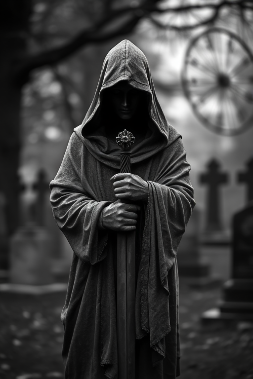 create a moody black and white cemetery scene featuring a hooded statue holding a sword with a blurred figure in the background, shot with a DSLR camera, 50mm lens, f/1.8 aperture, ISO 200, 1/125 sec shutter speed, shallow depth of field, and soft focus effect for enhanced quality