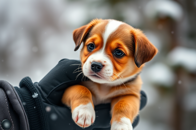 A cute brown and white puppy being held in a person's gloved hand with snow gently falling in the background, using a DSLR camera with an 85mm lens, f/2.8 aperture, ISO 400, and a shutter speed of 1/500 seconds for a shallow depth of field and crisp details.