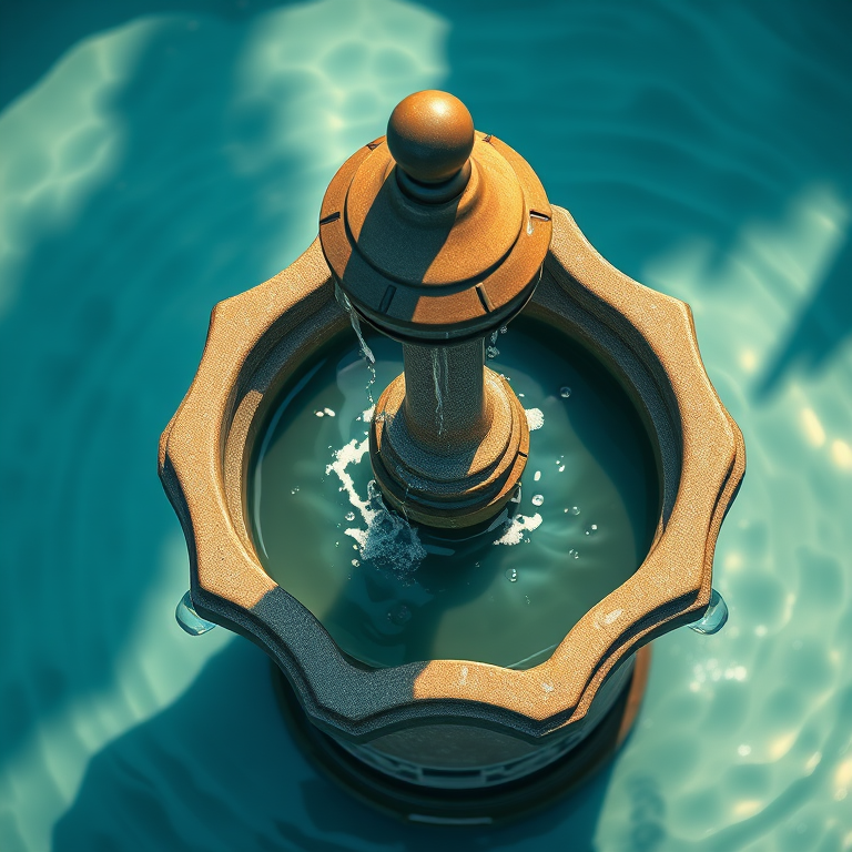 Create a high-resolution illustration of a vintage water fountain with flowing water and teardrop accents, using a top-down view, soft-focus style, DSLR camera with a 50mm lens, f/1.8 aperture, ISO 100, and natural lighting for enhanced quality.