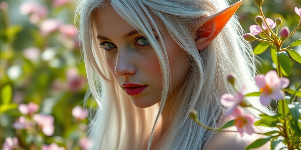 Create an image of an ethereal elf with long silver hair, surrounded by lush greenery and delicate pink flowers, captured in soft natural light with a shallow depth of field, 85mm lens at f/1.8, using a mirrorless camera for high detail and quality.