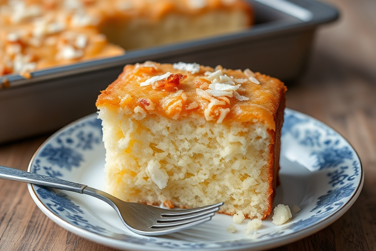 A close-up image of a slice of moist coconut cake with a golden brown topping served on a decorative blue and white plate with a fork beside it, with a tray of the cake in the background.