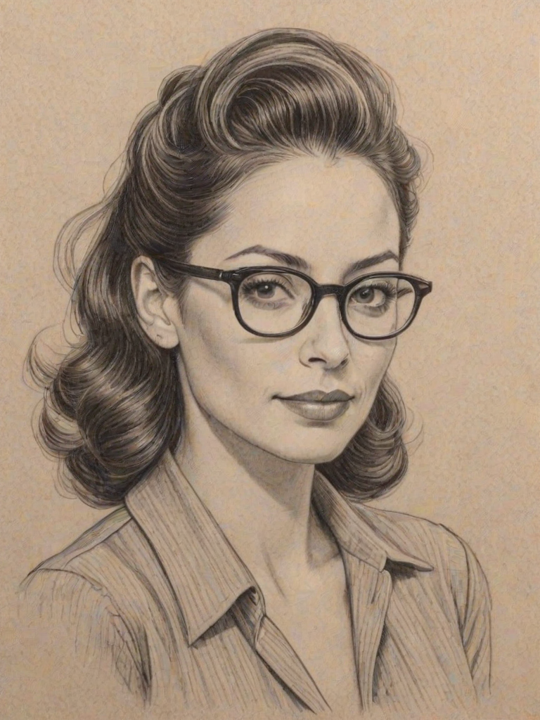 Dazzling Emmanuelle Vaugier, pencil sketch, portrait of Pleasing woman 1940s in glasses, hair style beatnik, outline, clear lines, fine lines, 8k