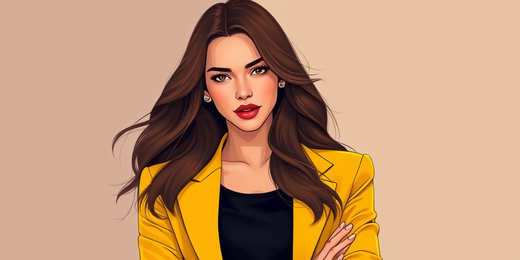 Create a high-resolution digital illustration of a woman with long brown hair, wearing a yellow blazer and black pants, in a confident pose, using a Canon EOS R5, 50mm f/1.2 lens, shot at f/2.8, 1/200s, ISO 100, with a soft-focus background for a polished, professional style.