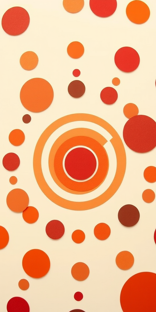 create a retro circular pattern featuring concentric circles in shades of orange, red, and brown, with a soft cream background, taken with a DSLR camera at f/8 aperture, 50mm lens, ISO 100, natural lighting, top-down view to enhance color vibrancy and detail