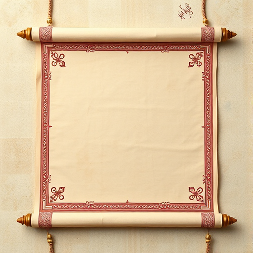 Create a high-resolution image of a traditional scroll with intricate border designs, centered on a blank canvas, using a DSLR camera at f/8 aperture, ISO 100, and a 50mm lens, captured from a straight-on view with soft lighting to enhance the colors and details.