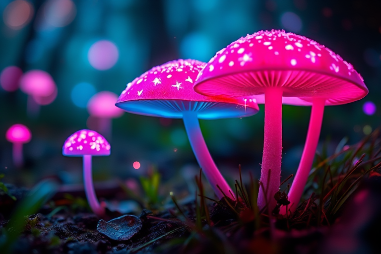 A vibrant, magical forest scene featuring glowing mushrooms with bioluminescent caps in shades of pink and blue, surrounded by sparkles and soft bokeh, captured with a Canon EOS R5, 50mm lens, f/1.8 aperture, 1/100s shutter speed, ISO 200, in macro photography style.