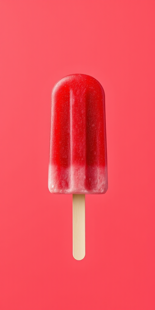 Generate a high-resolution image of a red popsicle with a smooth gradient, captured from a straight-on angle using a DSLR camera at f/2.8 aperture, ISO 100, and 50mm focal length to enhance detail and clarity.